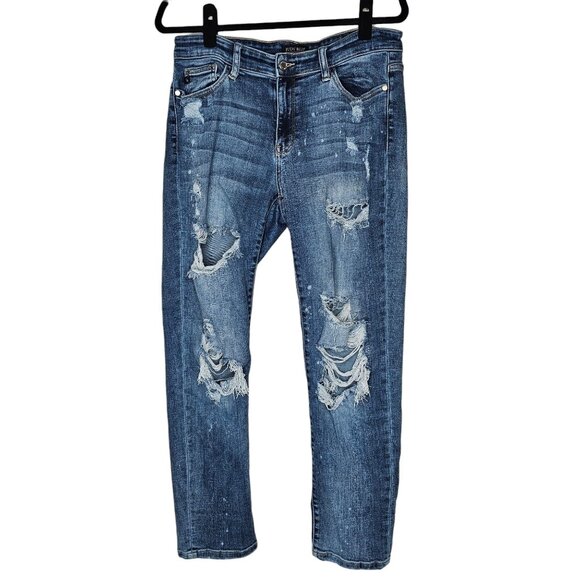 Judy Blue 11 30 Boyfriend Fit Jeans Distressed Bleach Mid Rise Slim Straight - Picture 1 of 6
